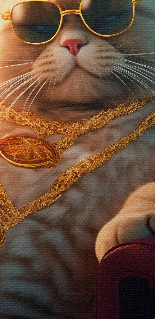 Cat wearing sunglasses and a necklace sitting in a chair