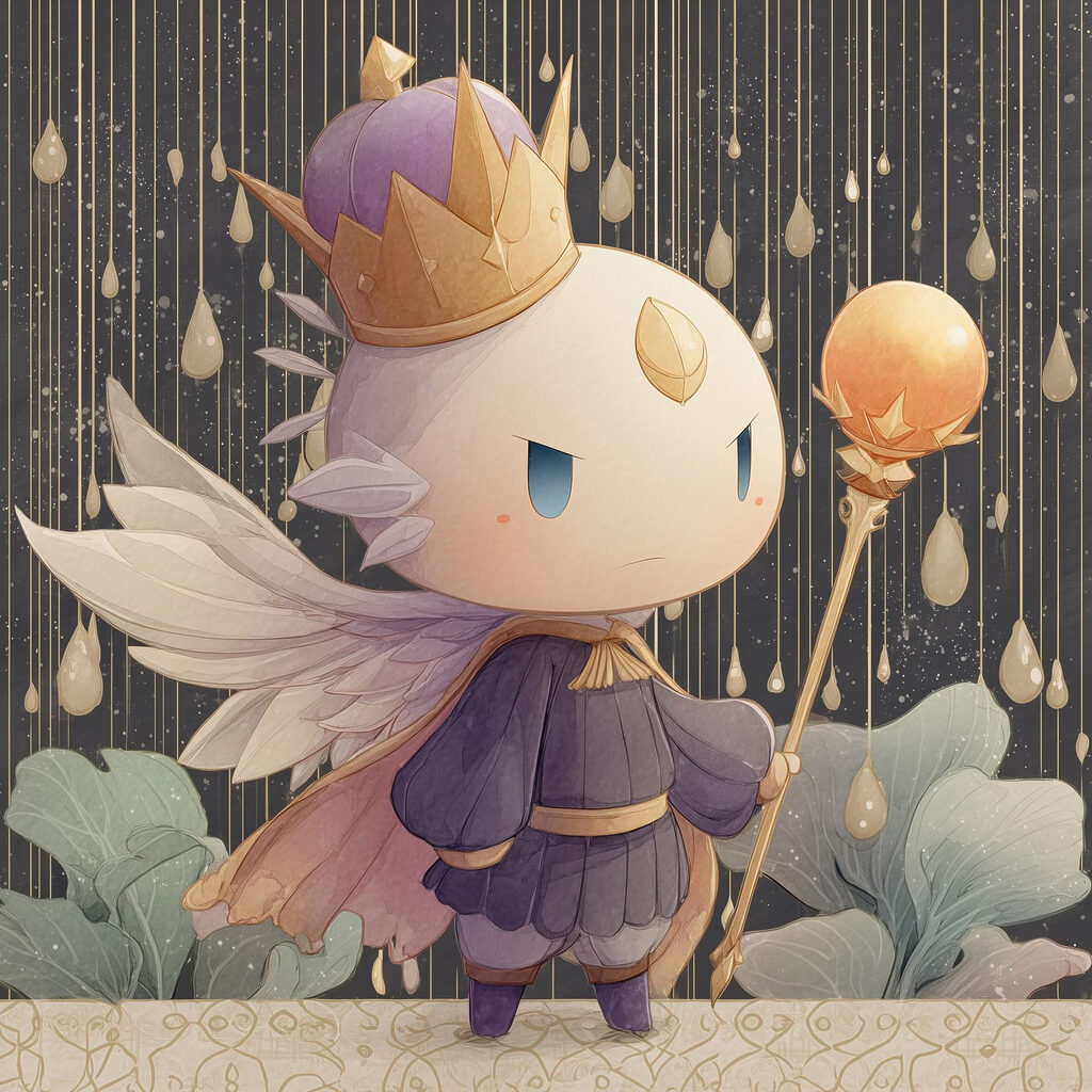 Cartoon of a little angel with wings and a crown holding a staff