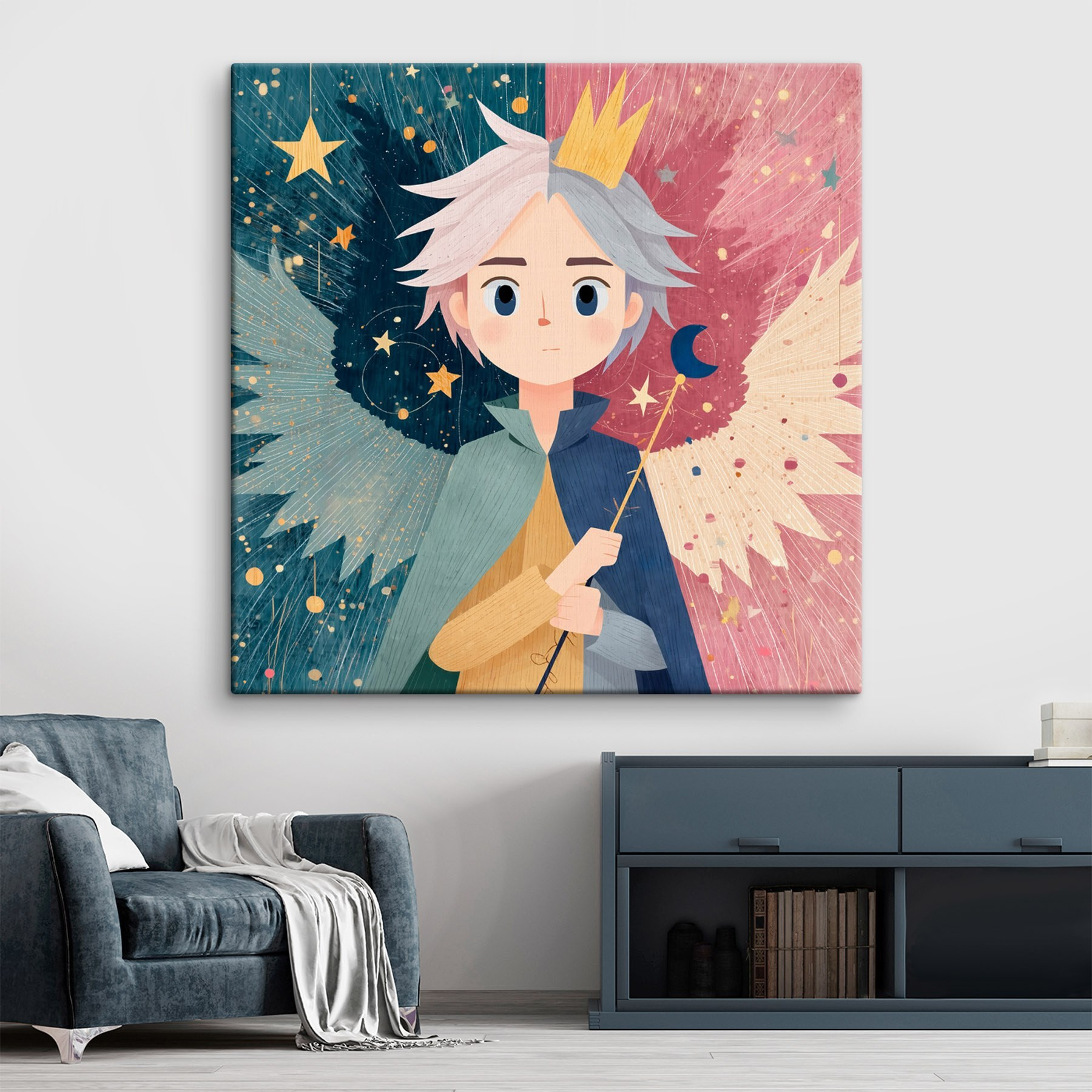 Cartoon of a boy with wings and a crown