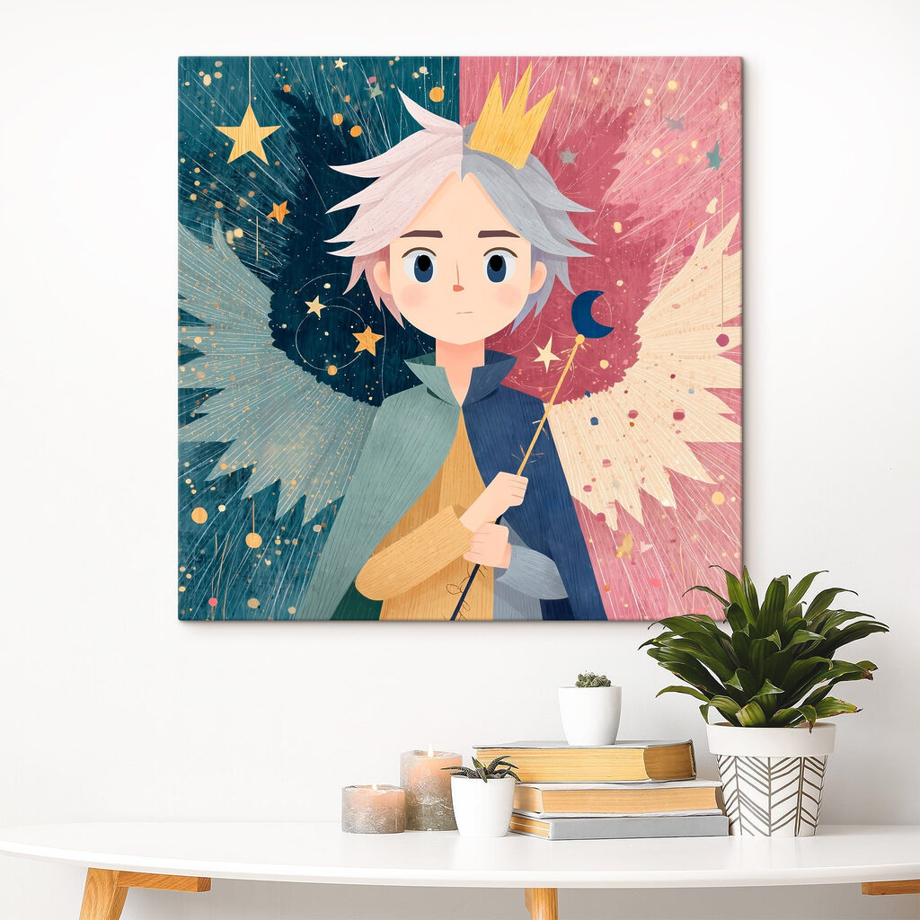 Cartoon of a boy with wings and a crown