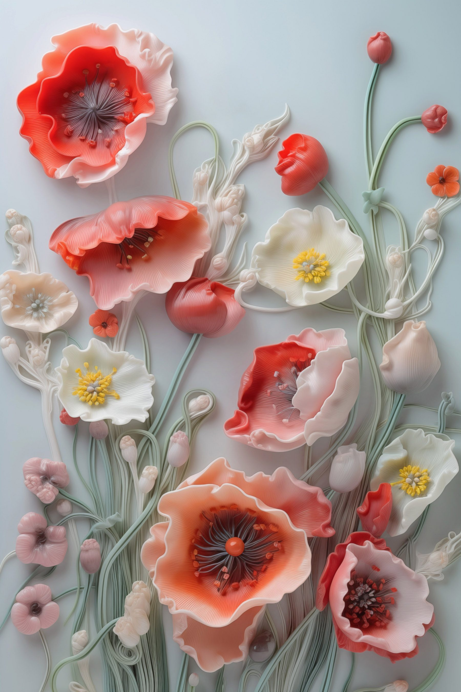 Group of flowers on a white surface