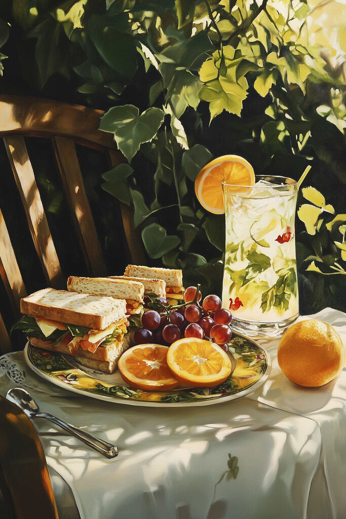 Plate of sandwiches and fruit on a table Plate of sandwiches and fruit on a table