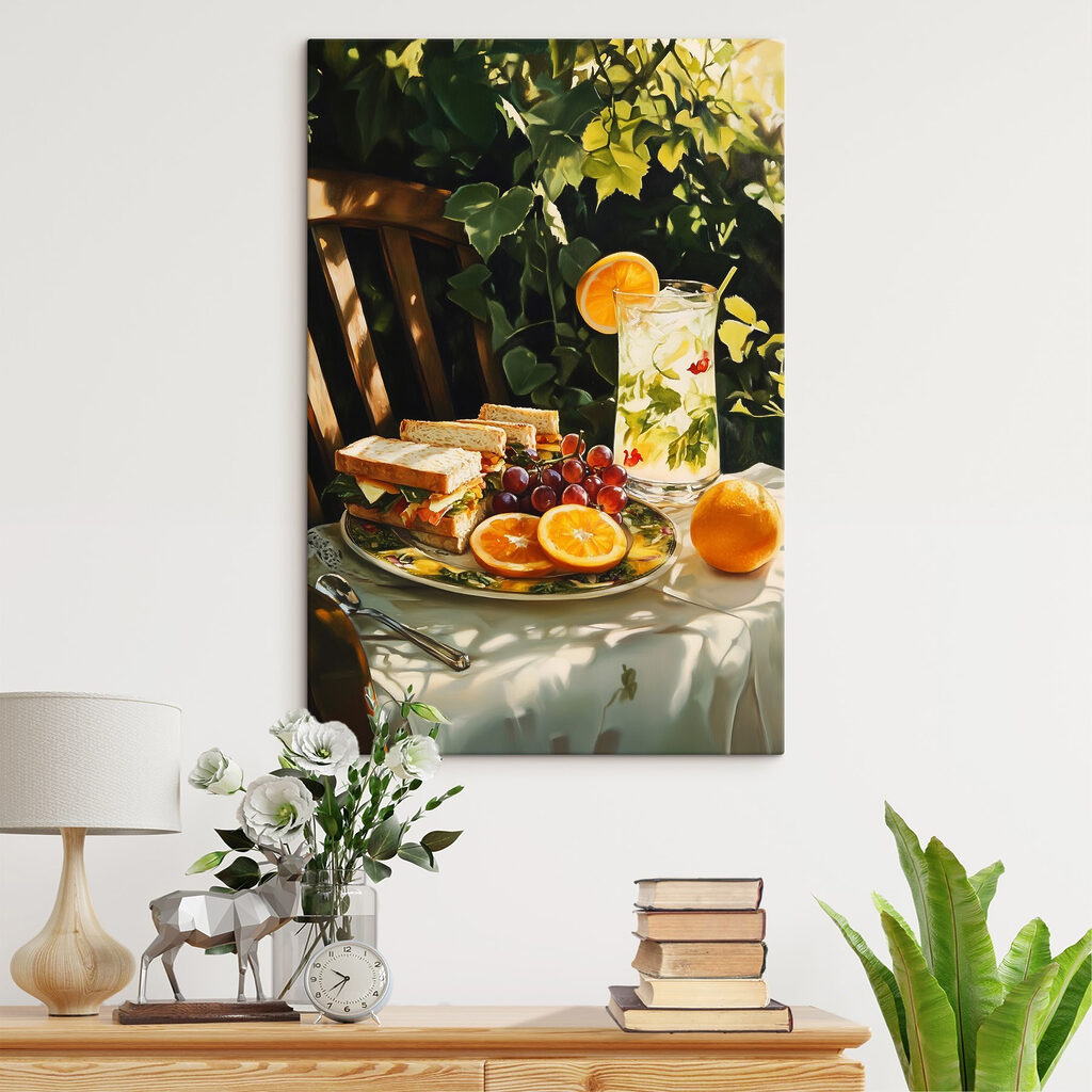 Plate of sandwiches and fruit on a table Plate of sandwiches and fruit on a table