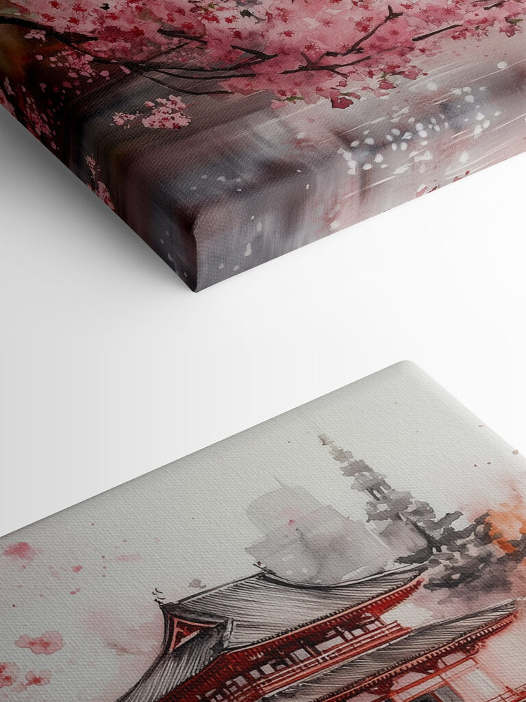 Watercolor painting of a building and a cherry blossom tree