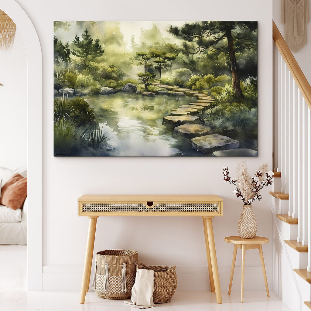 Watercolor painting of a path leading to a pond