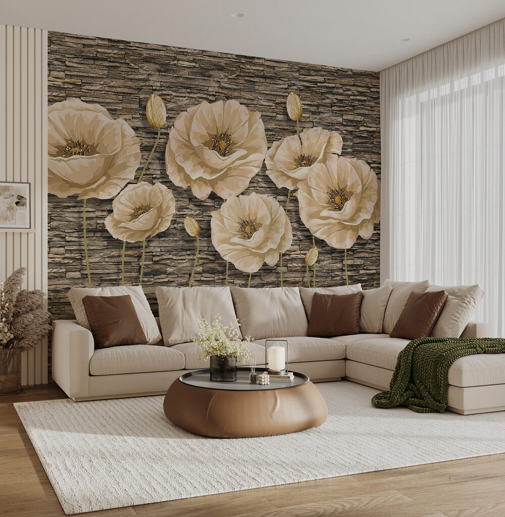 Group of flowers on a brick wall Group of flowers on a brick wall