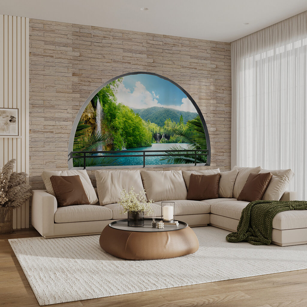 Window with a waterfall and trees Window with a waterfall and trees