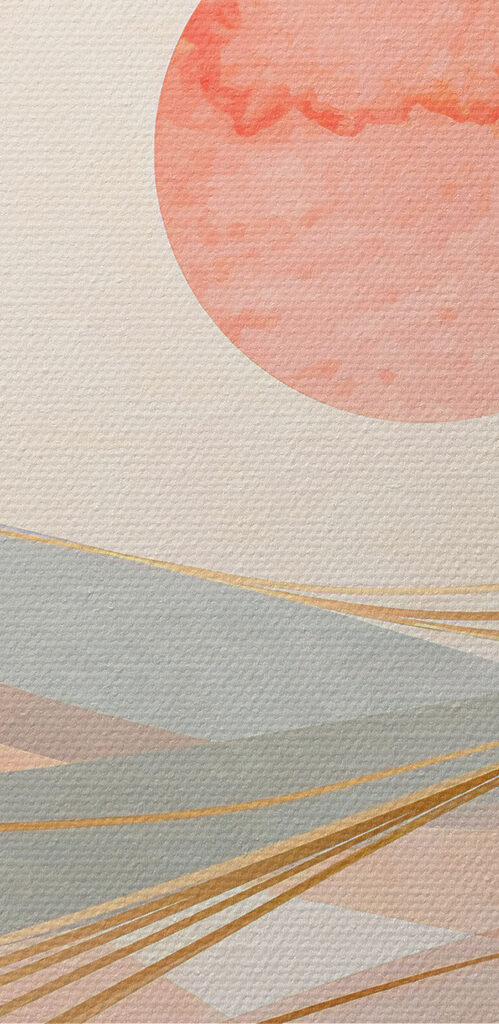 A pink and grey waves with a red sun