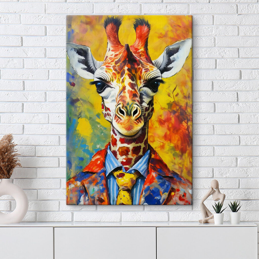 A painting of a giraffe wearing a shirt