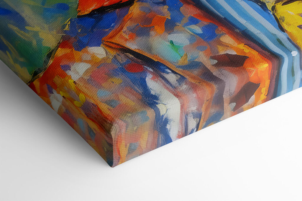 A painting of a giraffe wearing a shirt