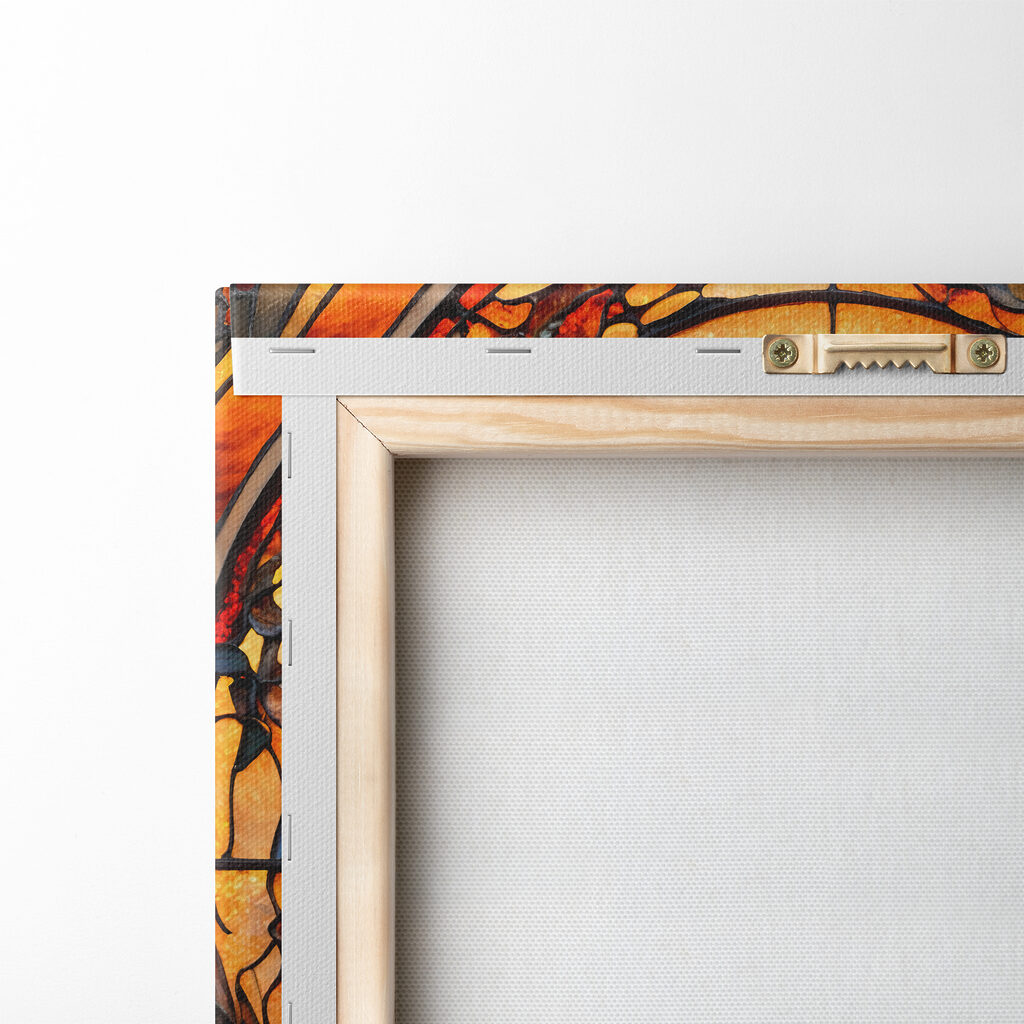 A stained glass window with a bird on a branch