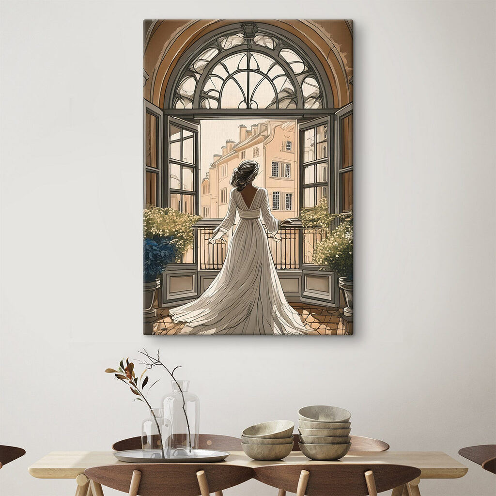Woman in a white dress looking out a window