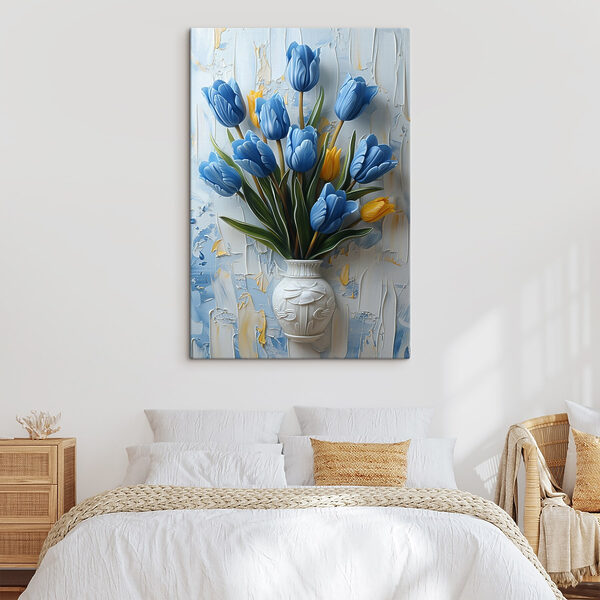 Vase of blue tulips
