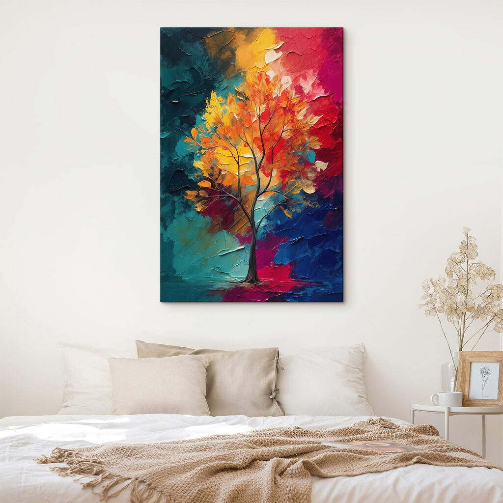 Painting of a tree with orange and blue leaves