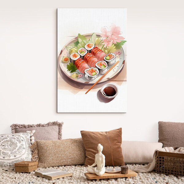 Tányér sushi mártással és virágokkal Tányér sushi mártással és virágokkal