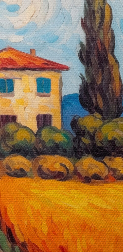 Painting of a house in a wheat field Painting of a house in a wheat field