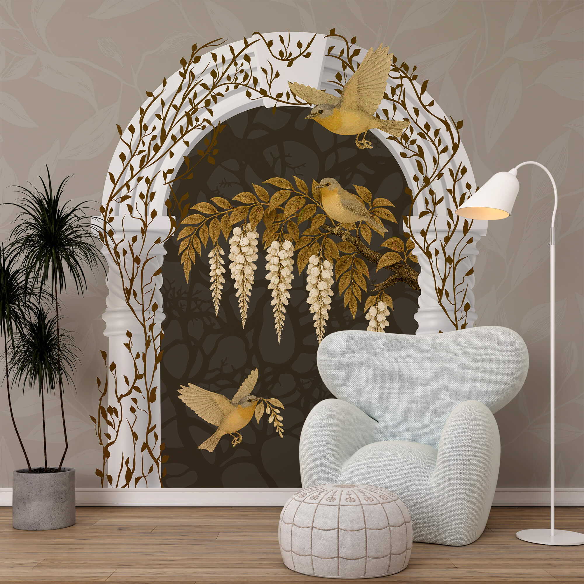 Fehér boltív, madarakkal, amelyek fölötte repülnek