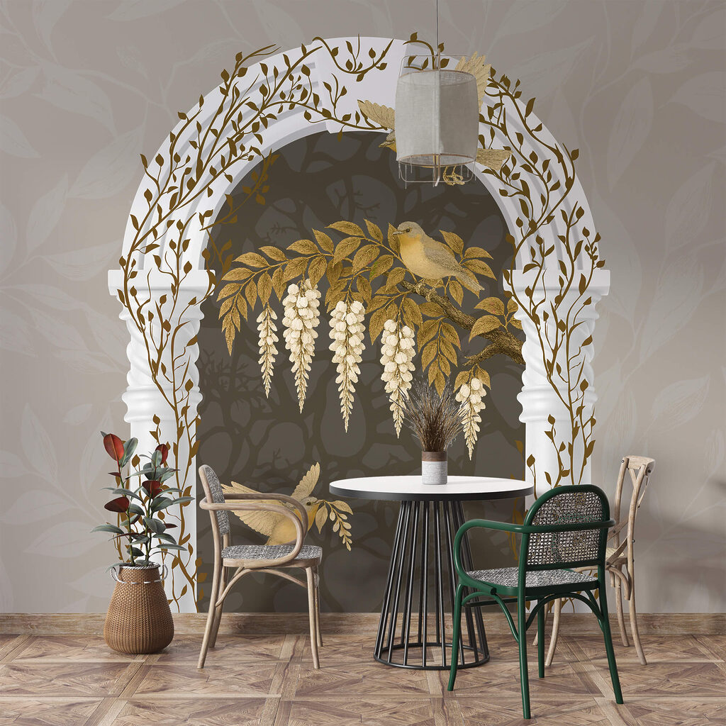 Fehér boltív, madarakkal, amelyek fölötte repülnek