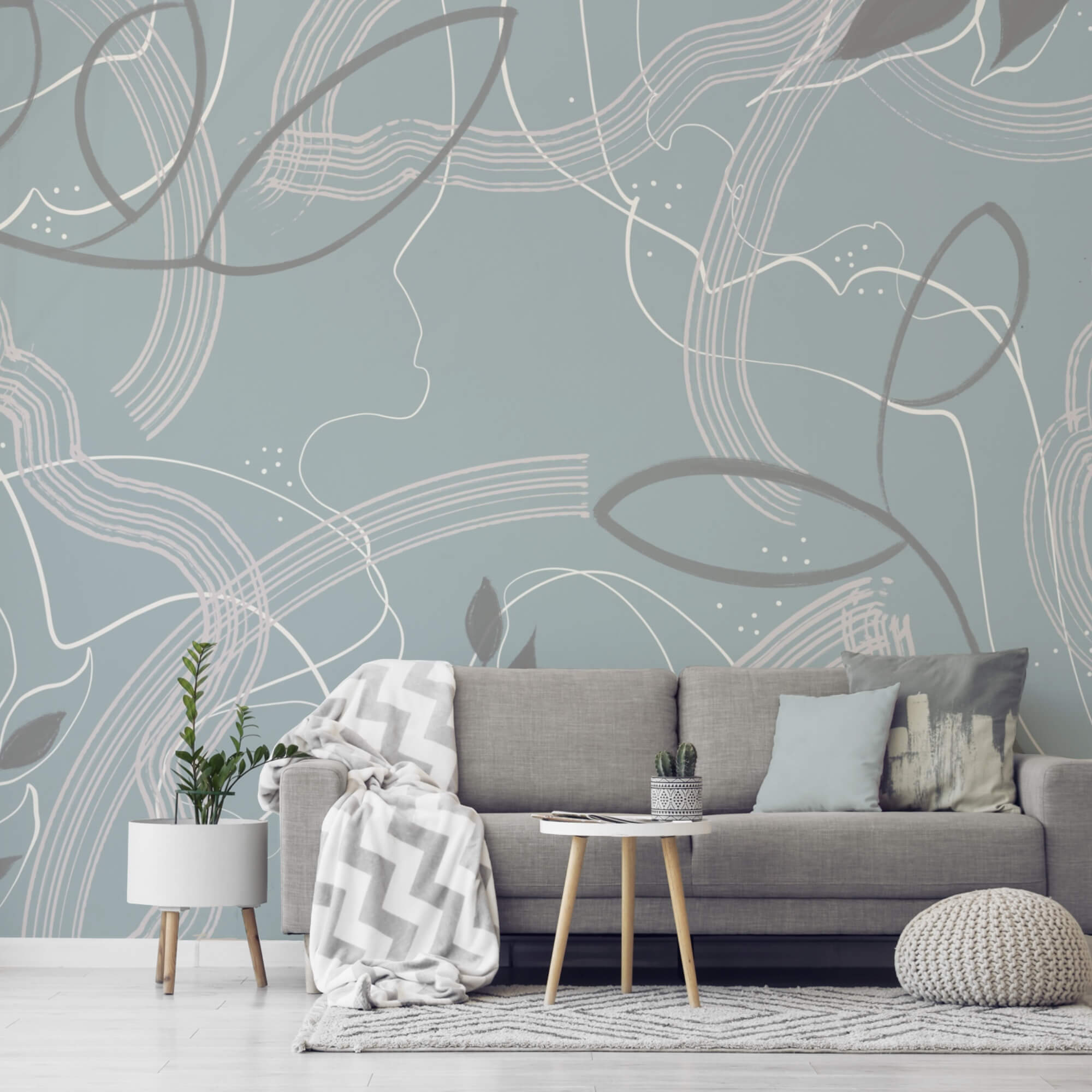 Kék és fehér háttér levelekkel és vonalakkal