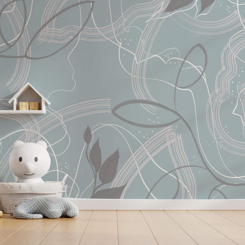 Kék és fehér háttér levelekkel és vonalakkal