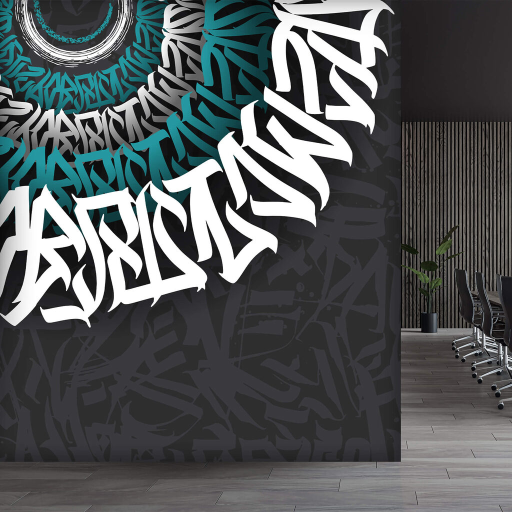 Fehér és kék graffiti fekete háttéren Fehér és kék graffiti fekete háttéren