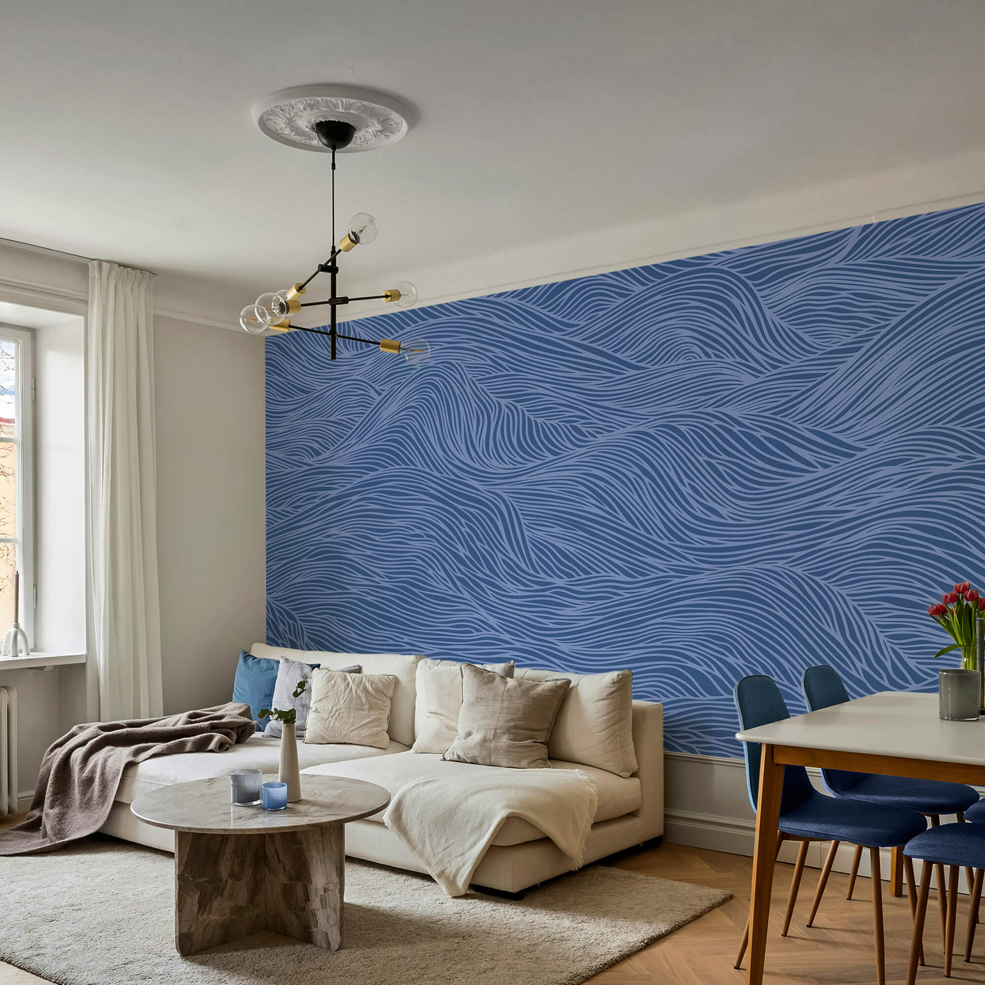 Kék és fehér hullámos minta