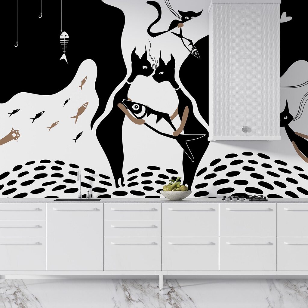 Fekete-fehér macska halakkal és halakkal Fekete-fehér macska halakkal és halakkal