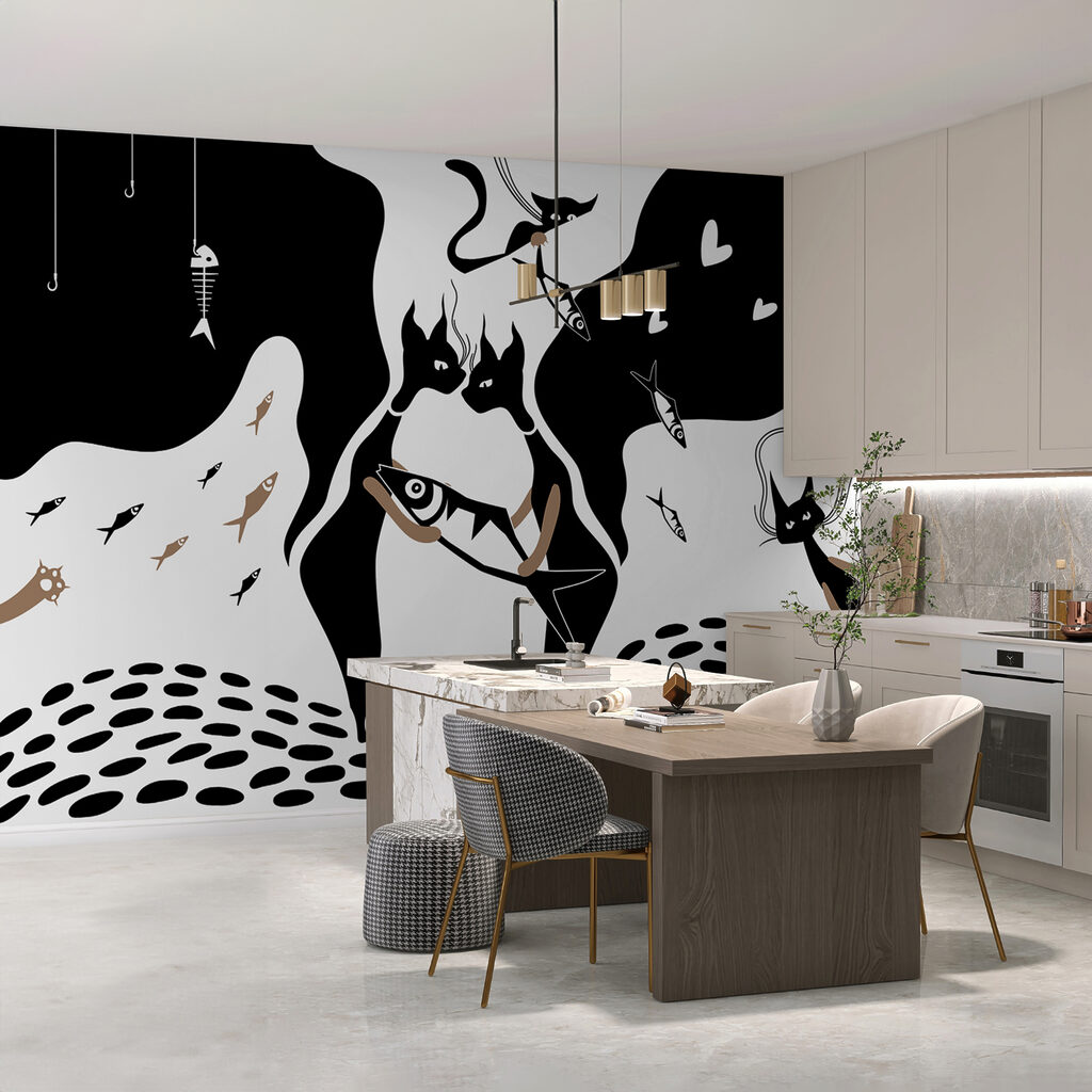 Fekete-fehér macska halakkal és halakkal Fekete-fehér macska halakkal és halakkal