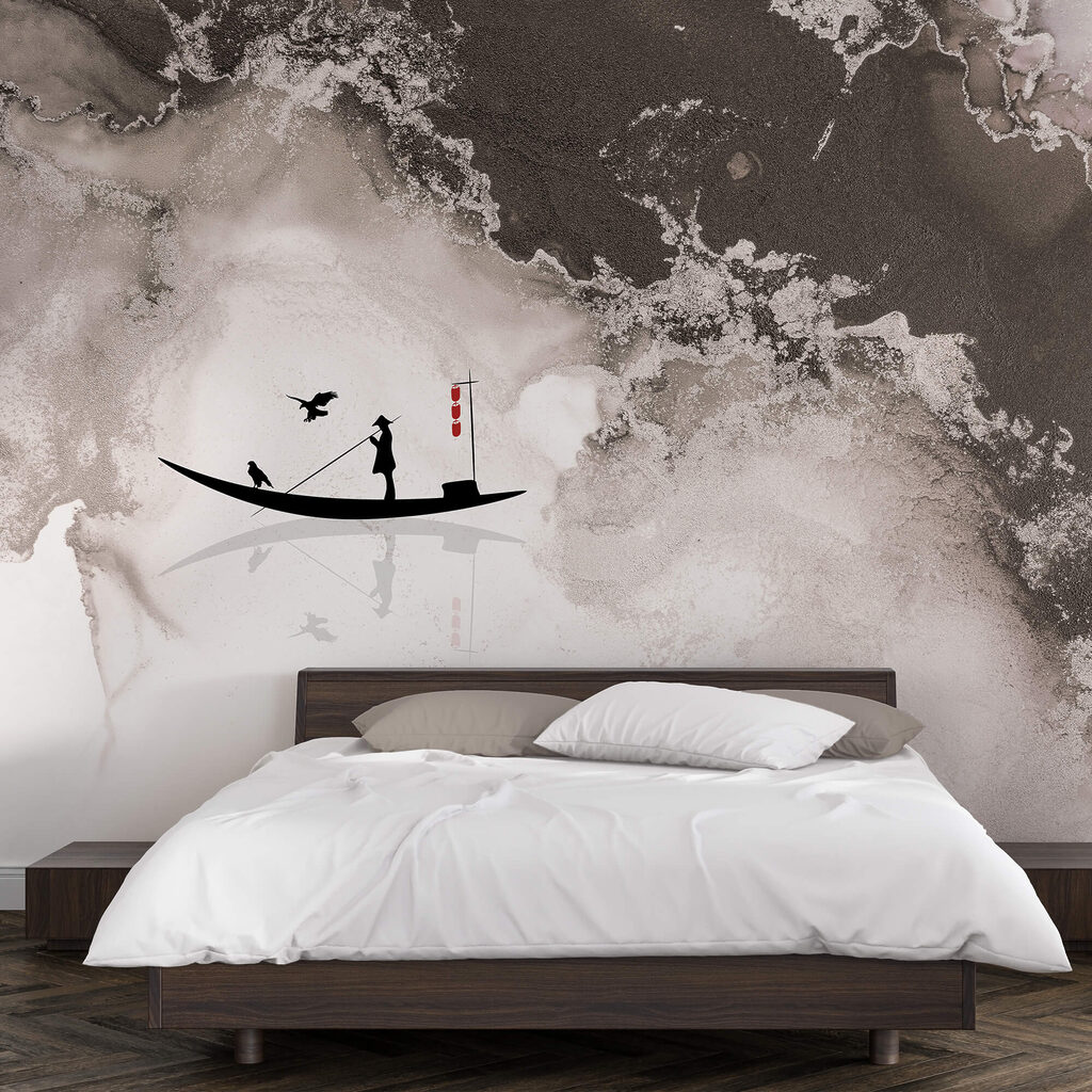 Egy férfi sziluettje egy csónakon, rajta egy madárral Egy férfi sziluettje egy csónakon, rajta egy madárral
