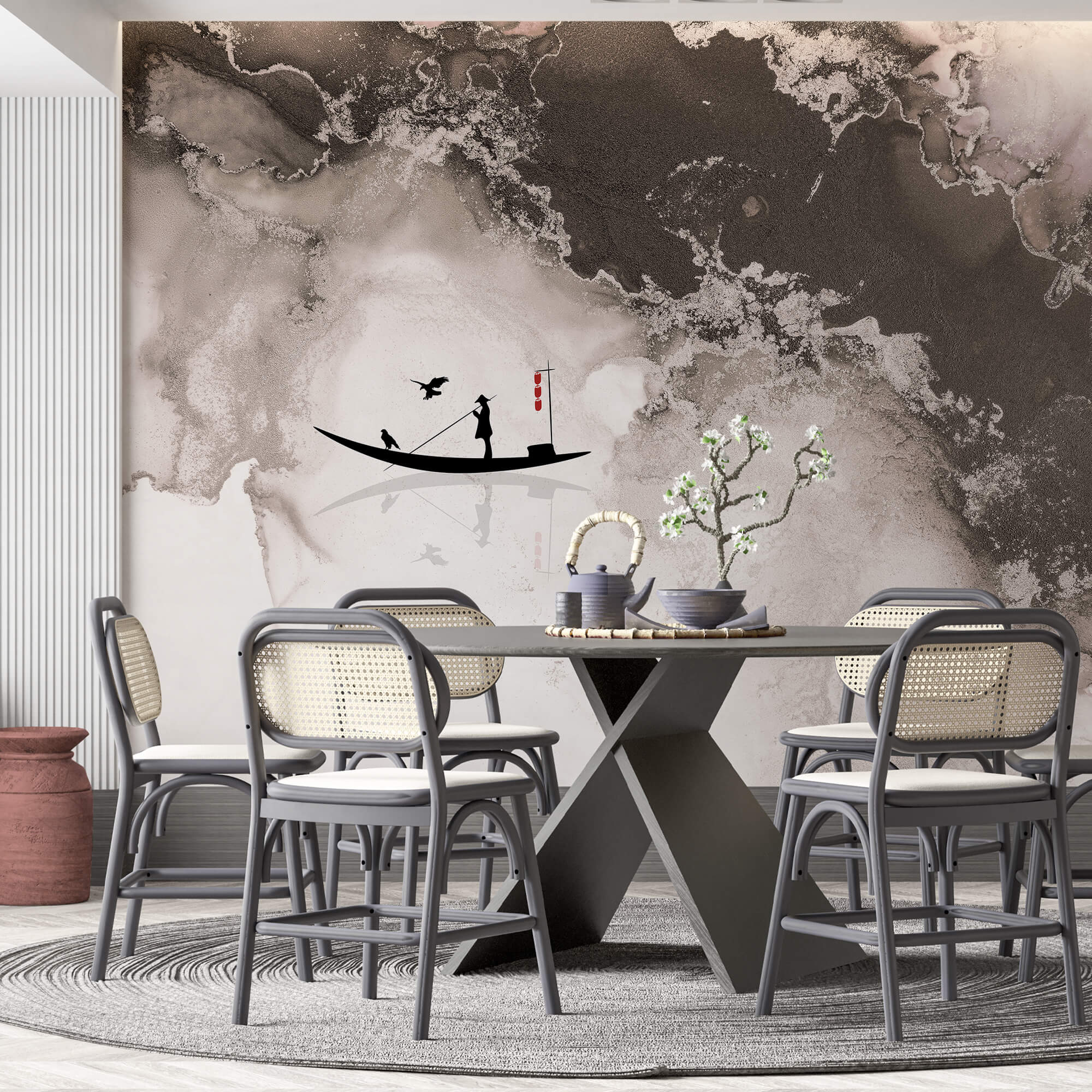 Egy férfi sziluettje egy csónakon, rajta egy madárral Egy férfi sziluettje egy csónakon, rajta egy madárral