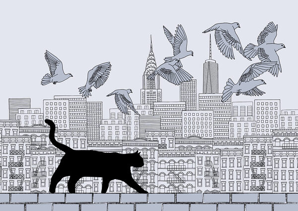 Cat walking on a wall with birds flying in the sky