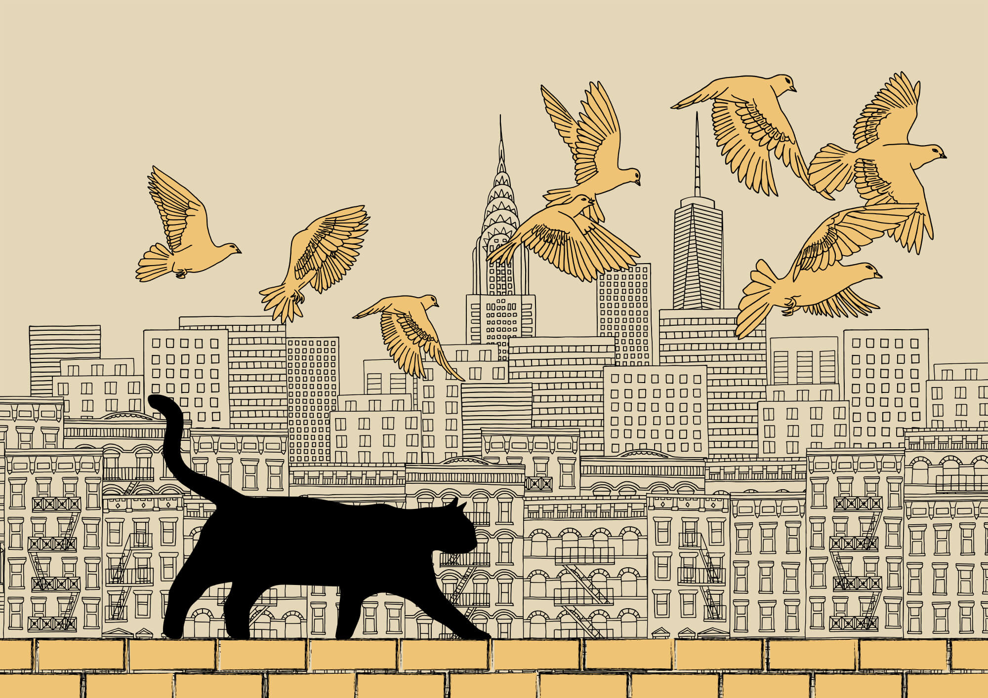 Cat walking on a wall with birds flying in the sky