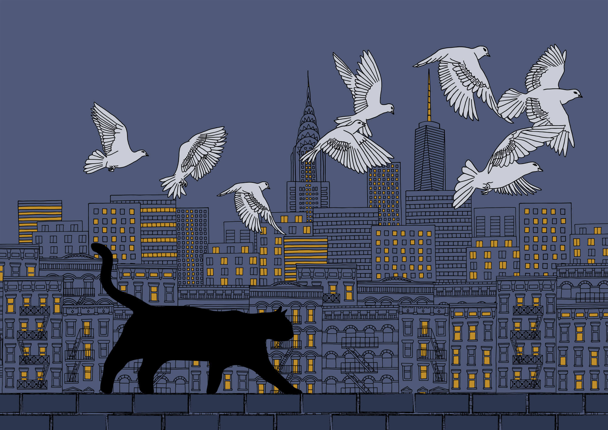 Cat walking on a wall with birds flying in the sky Cat walking on a wall with birds flying in the sky