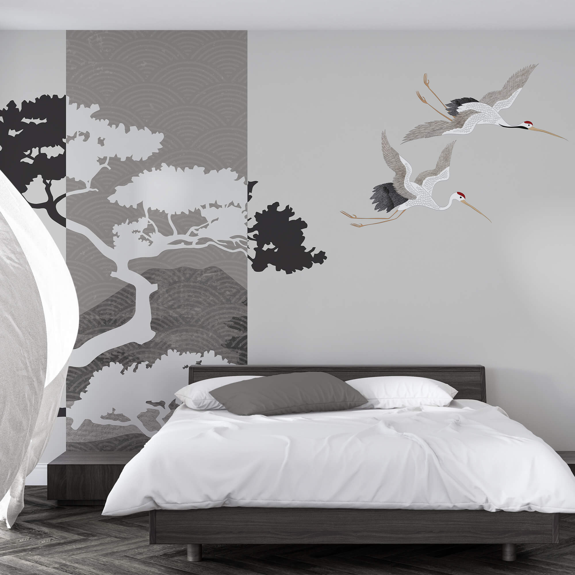 Pár daru repül egy fa mellett Pár daru repül egy fa mellett