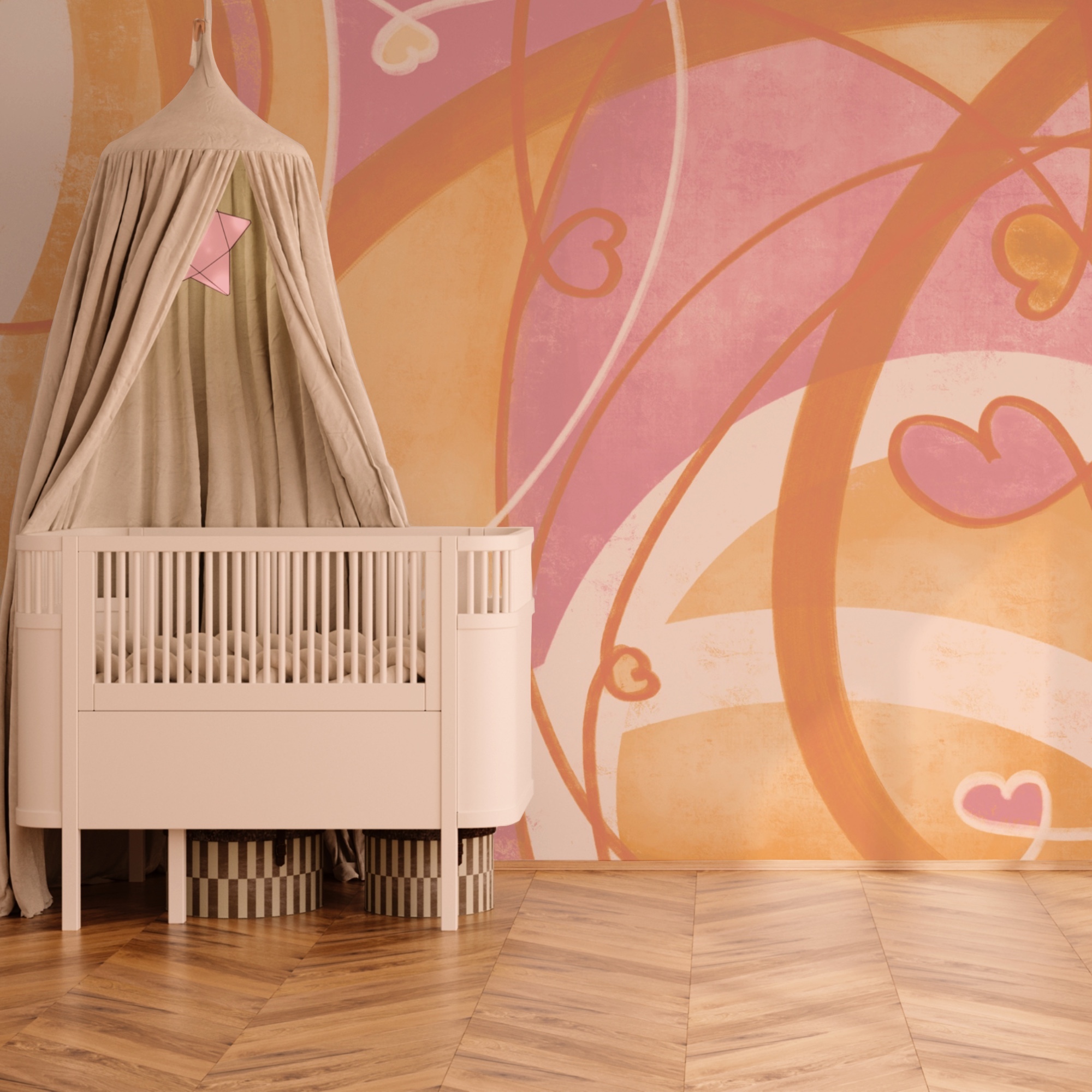 Rózsaszín és narancssárga örvények és szívek