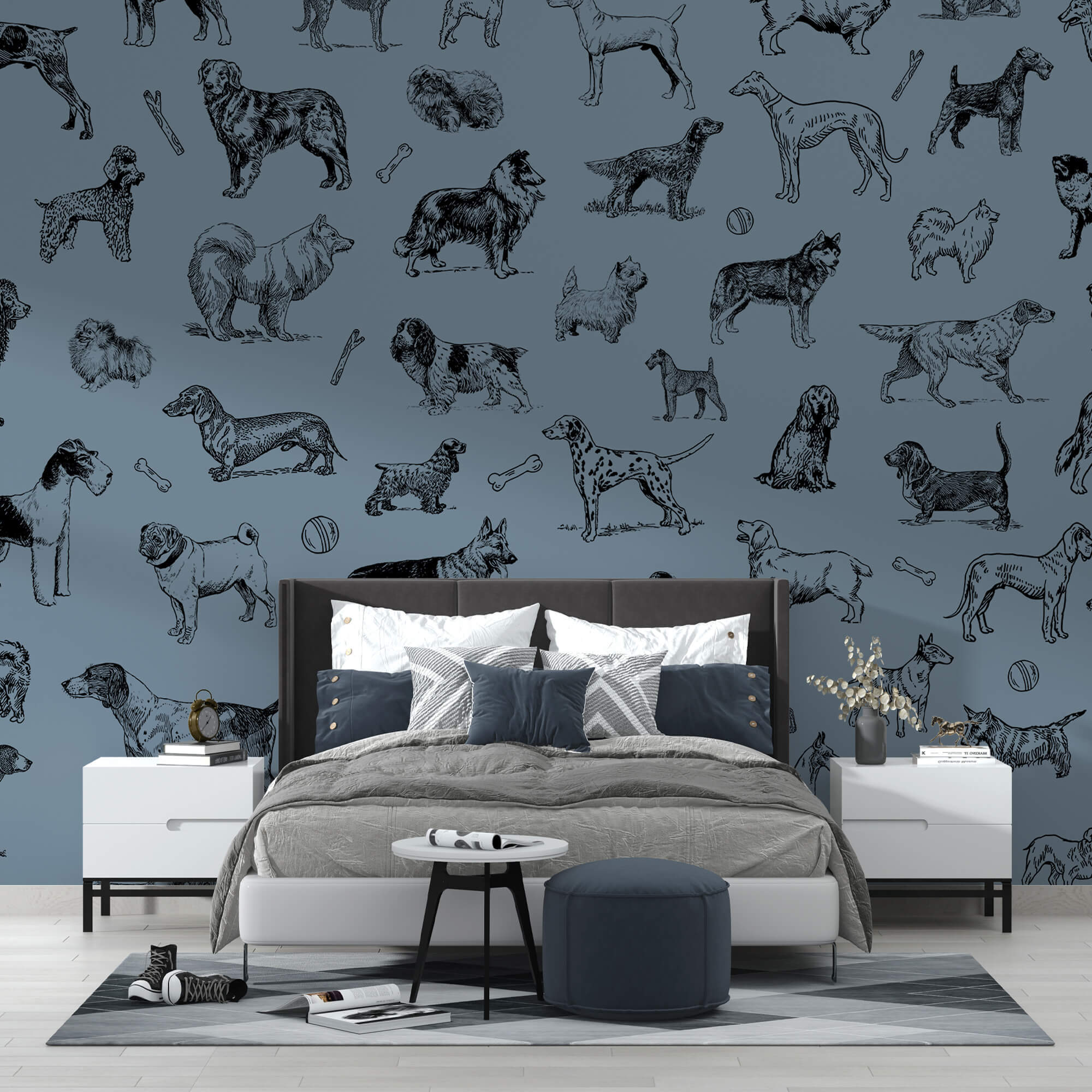 Kutyák csoportja kék háttéren