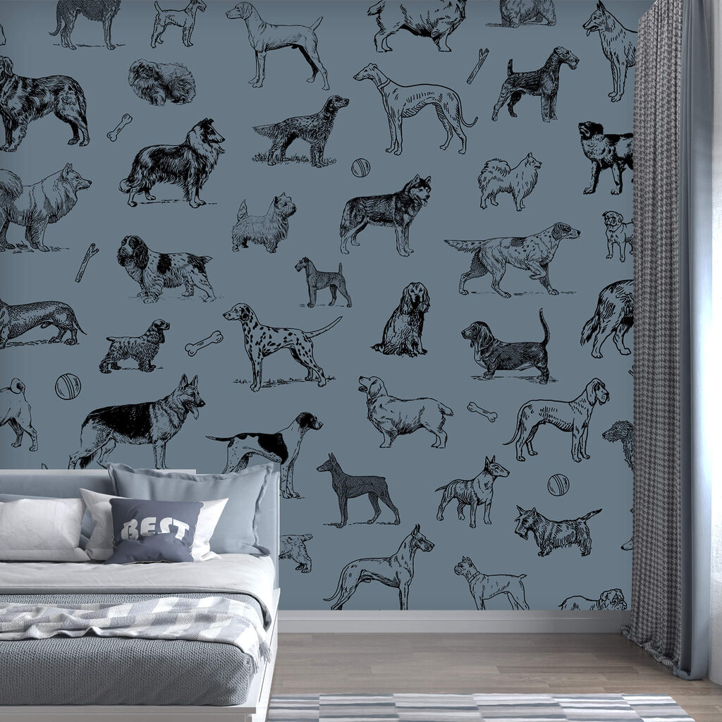 Kutyák csoportja kék háttéren