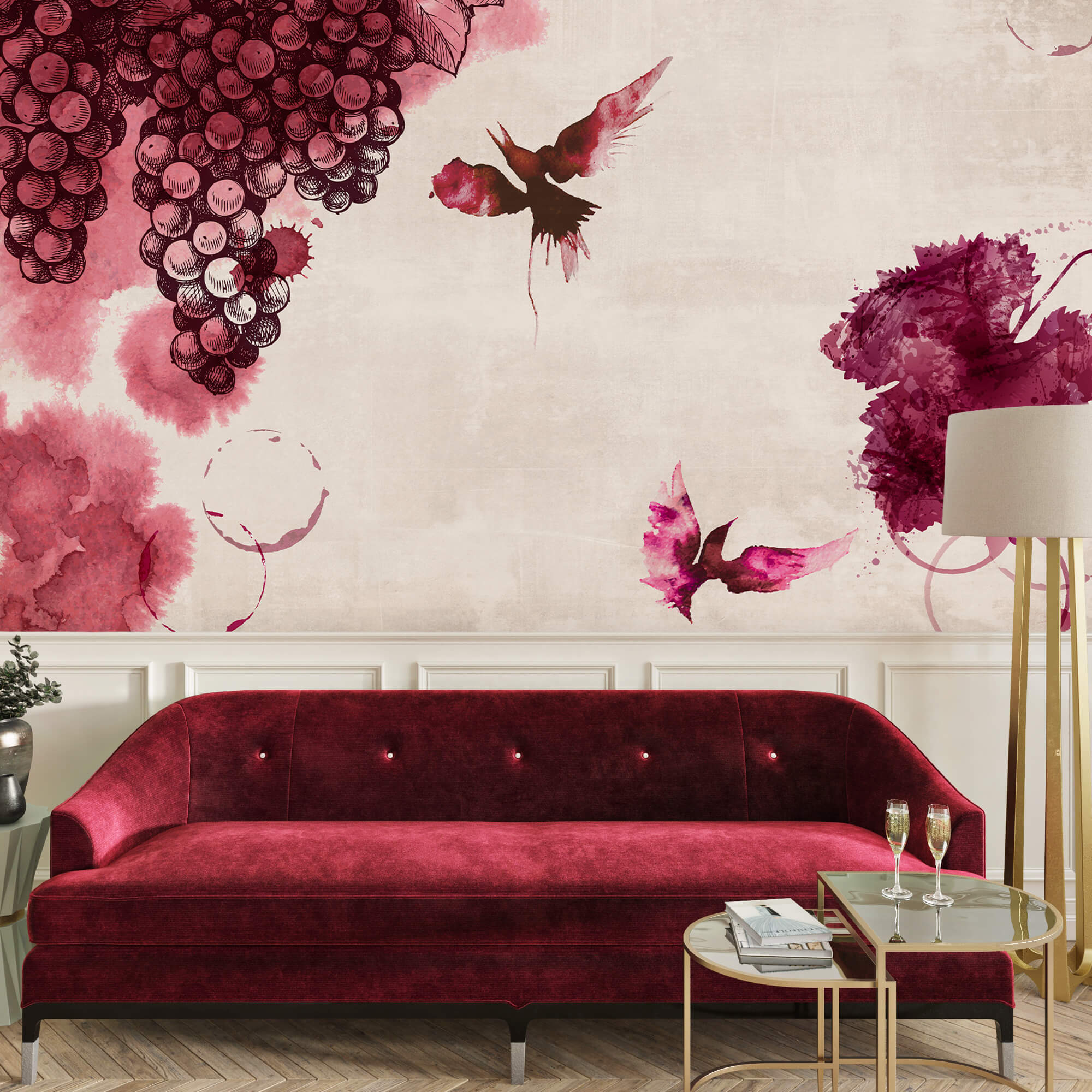 Madarak és szőlő festménye