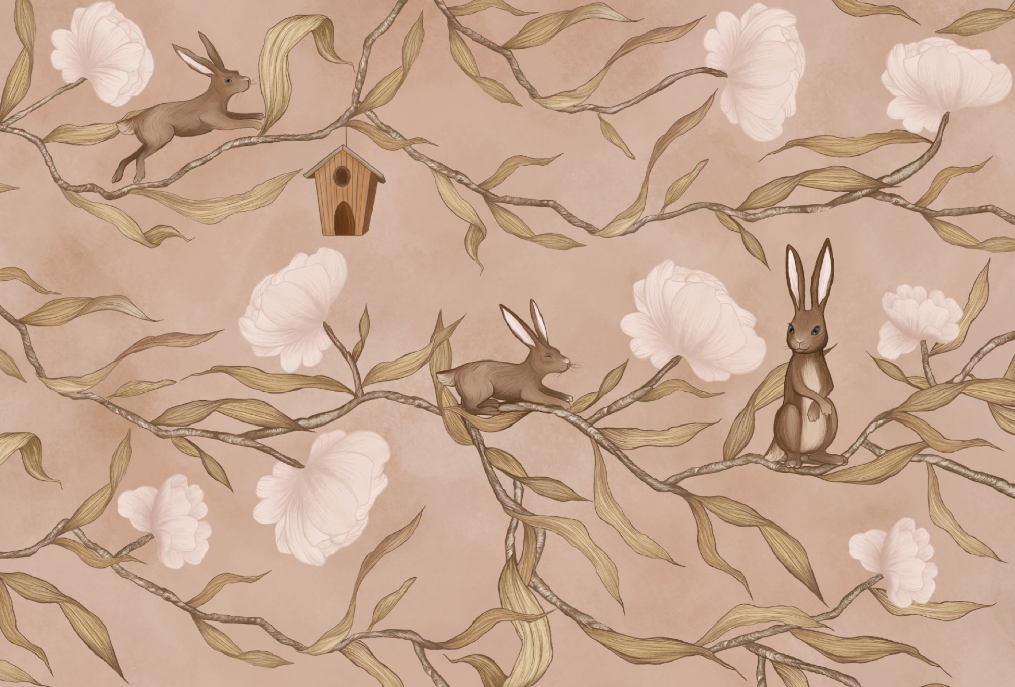 Wallpaper with rabbits and flowers Wallpaper with rabbits and flowers