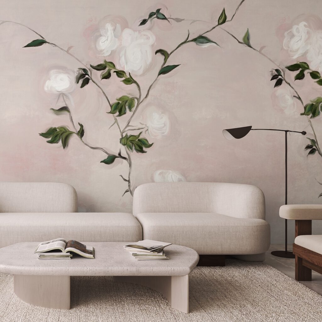 Fehér virágokkal és zöld levelekkel díszített ág festménye