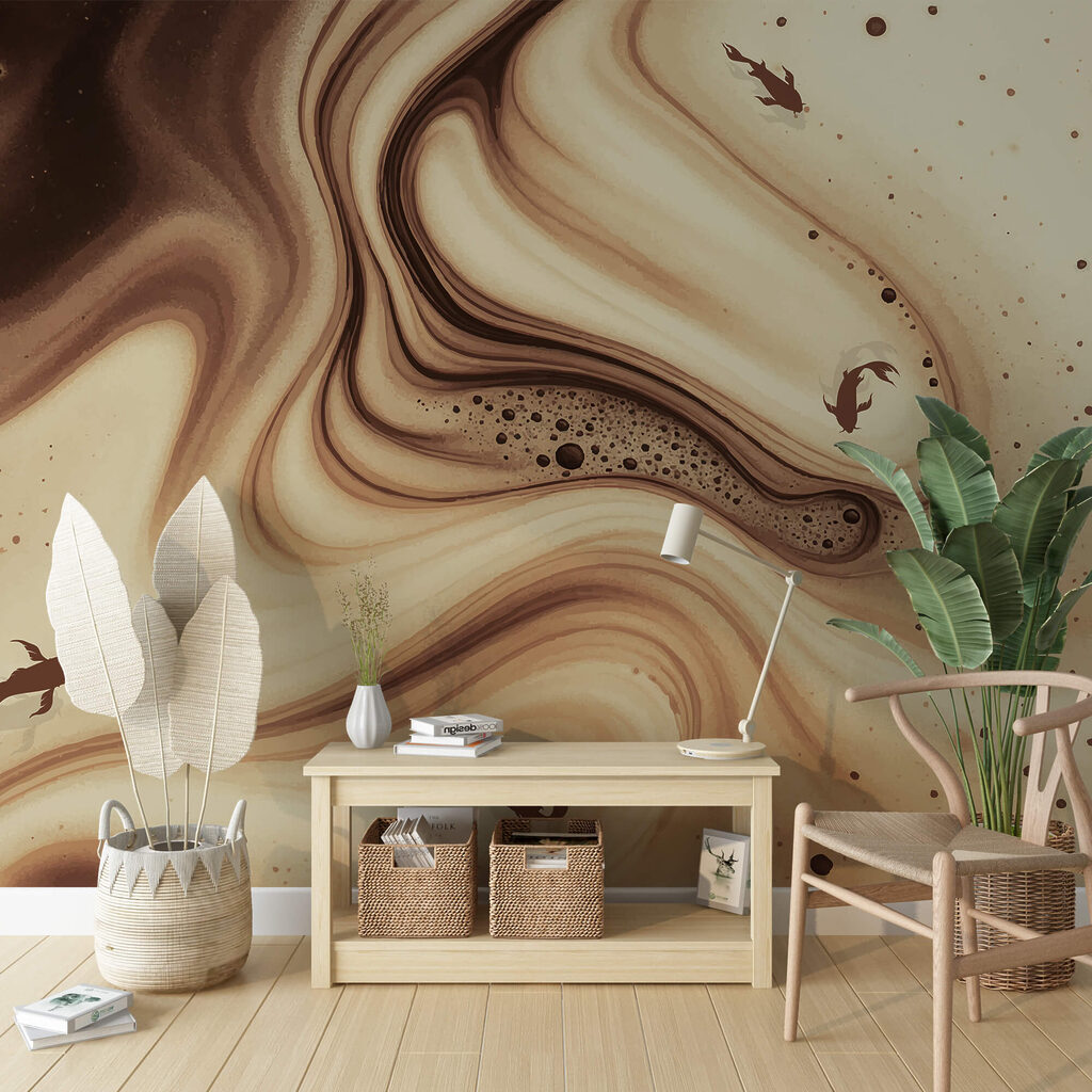 Barna és fehér kavargó hullámok halsziluettekkel Barna és fehér kavargó hullámok halsziluettekkel