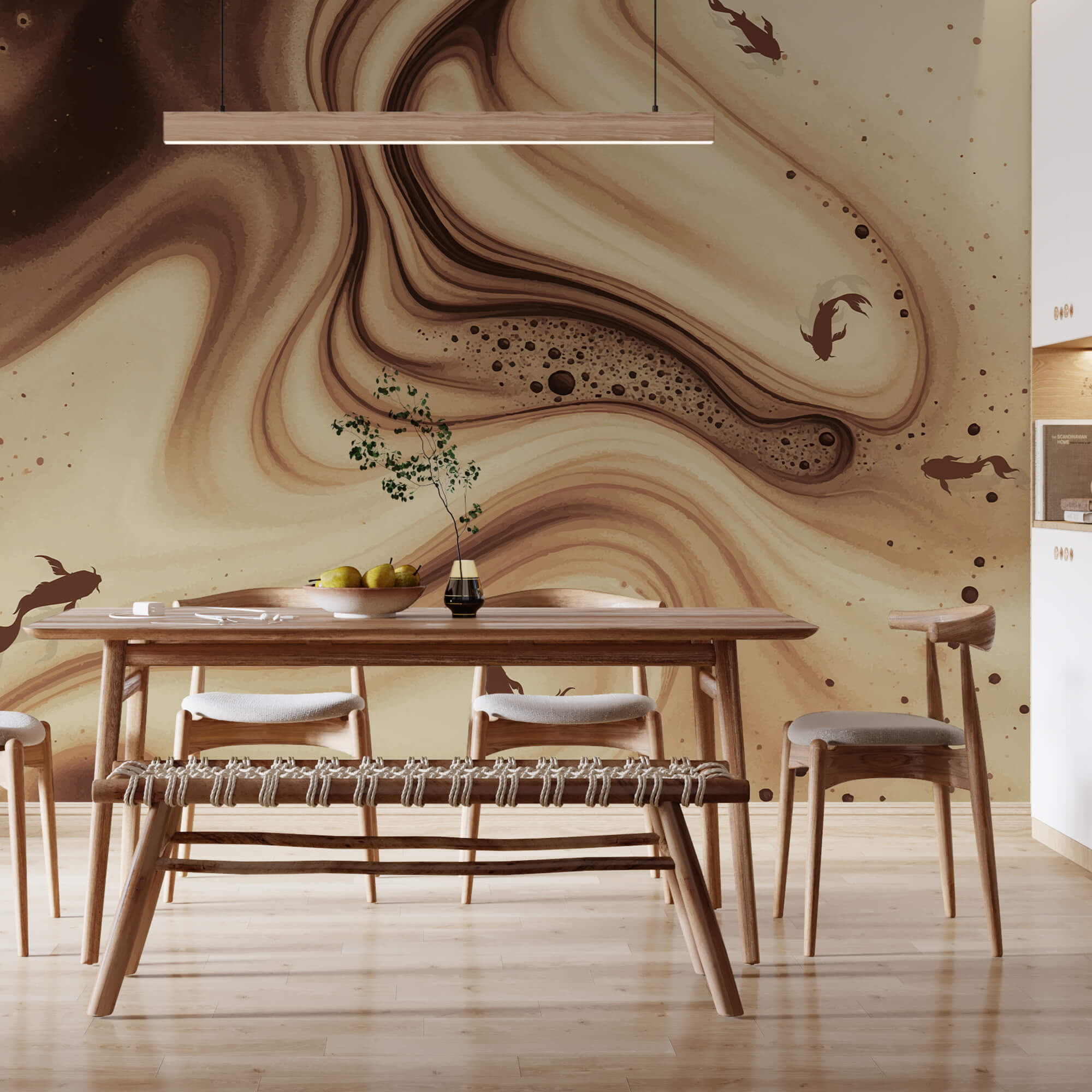 Barna és fehér kavargó hullámok halsziluettekkel Barna és fehér kavargó hullámok halsziluettekkel