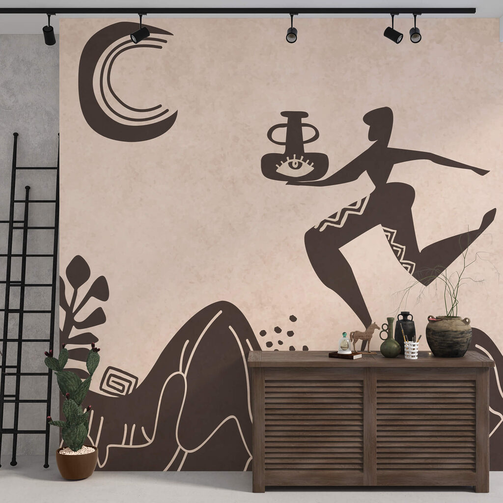 Rajz egy emberről, aki egy edényt és egy edényt tart a kezében egy hegyen