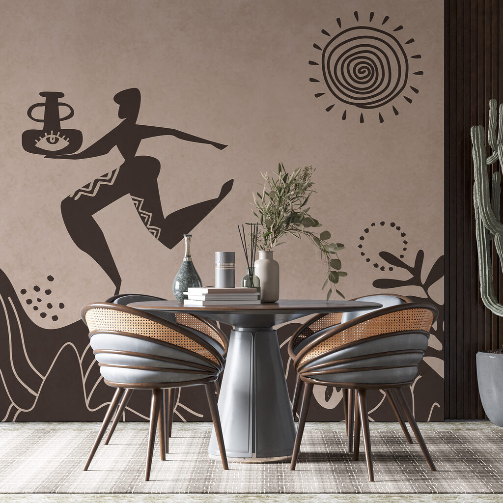 Rajz egy emberről, aki egy edényt és egy edényt tart a kezében egy hegyen