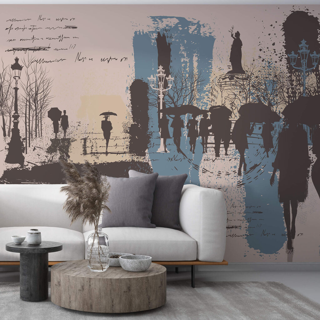 Emberek csoportja sétál esernyőkkel