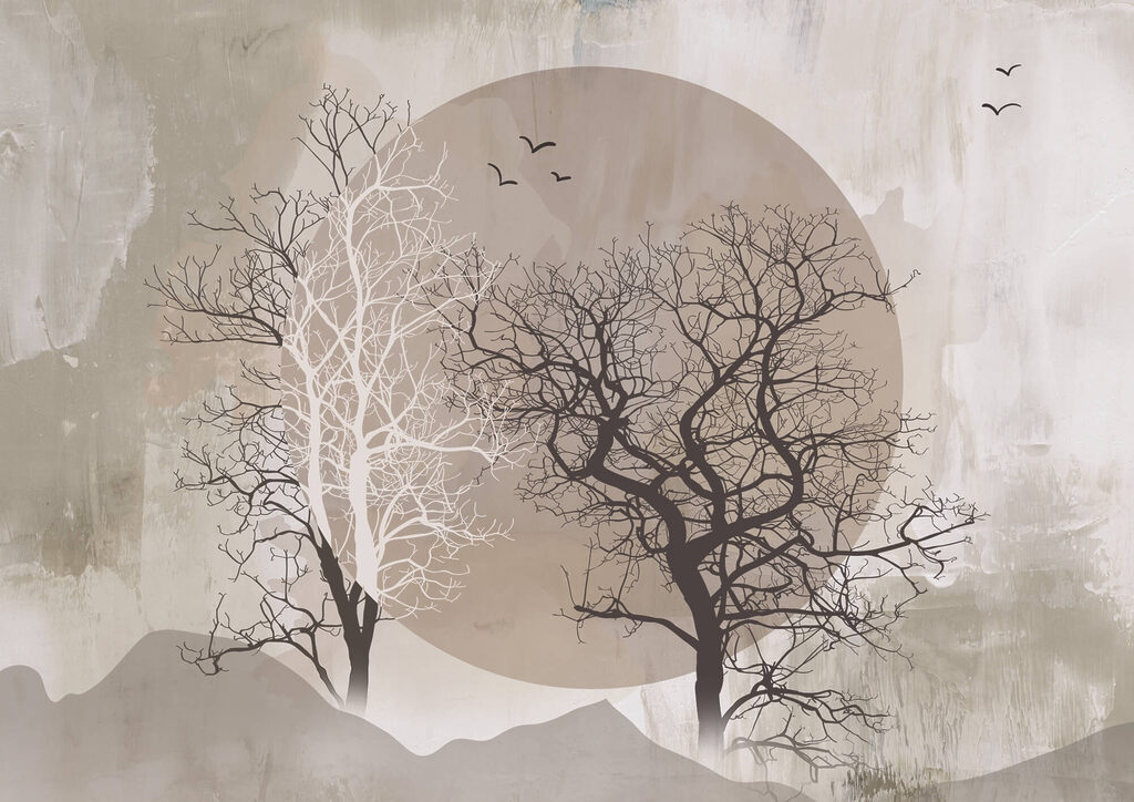 Painting of trees and a sun