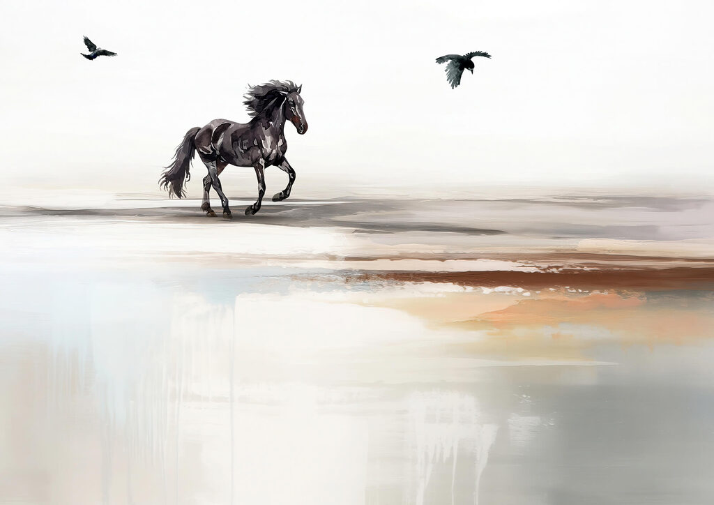 Painting of a horse running on a beach with birds flying