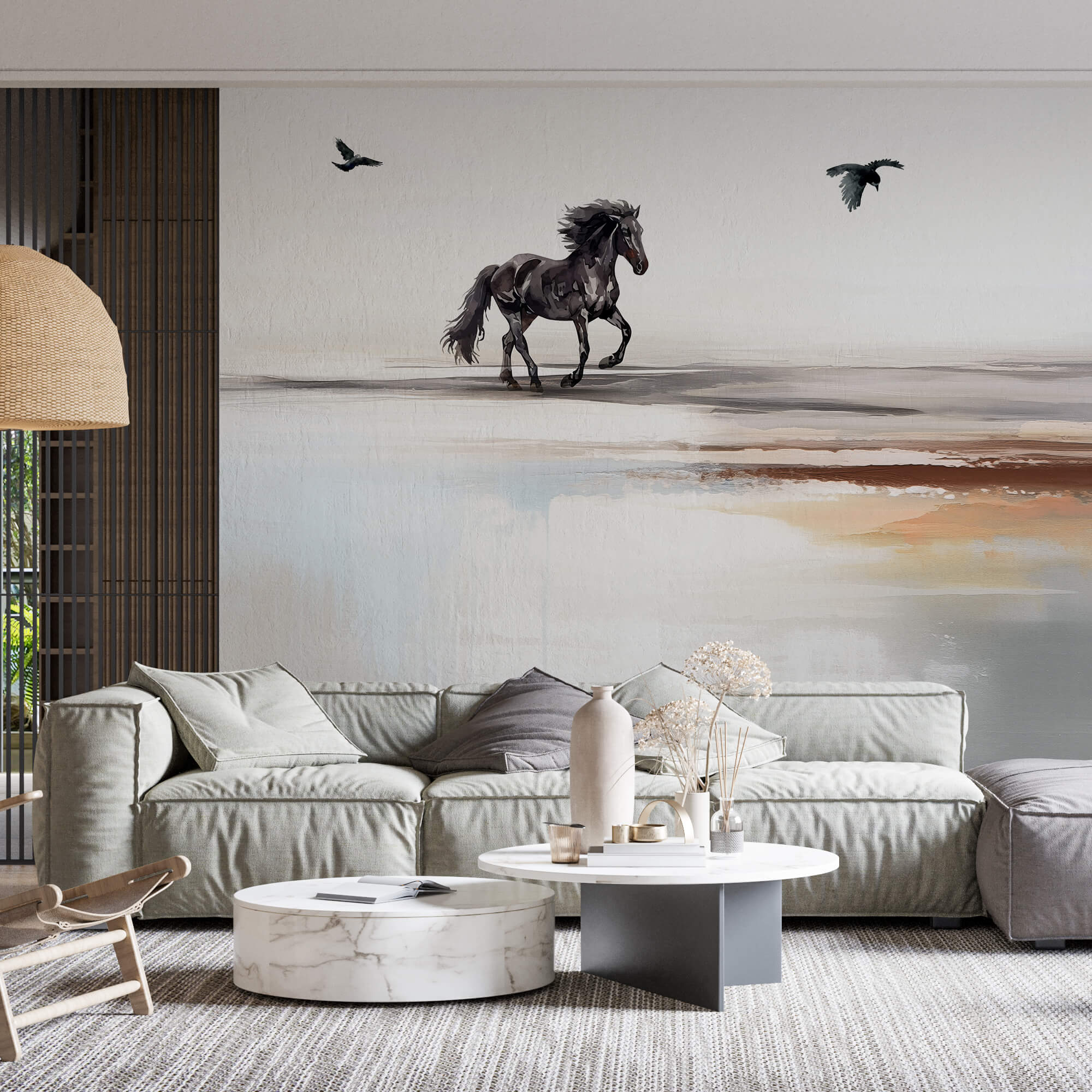 Festmény egy ló fut a tengerparton, madarak repülnek