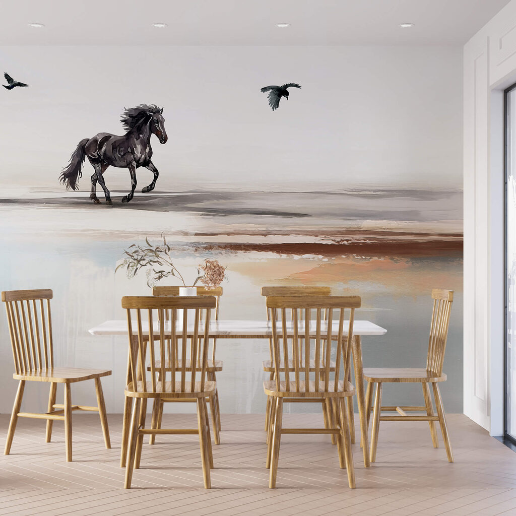 Festmény egy ló fut a tengerparton, madarak repülnek