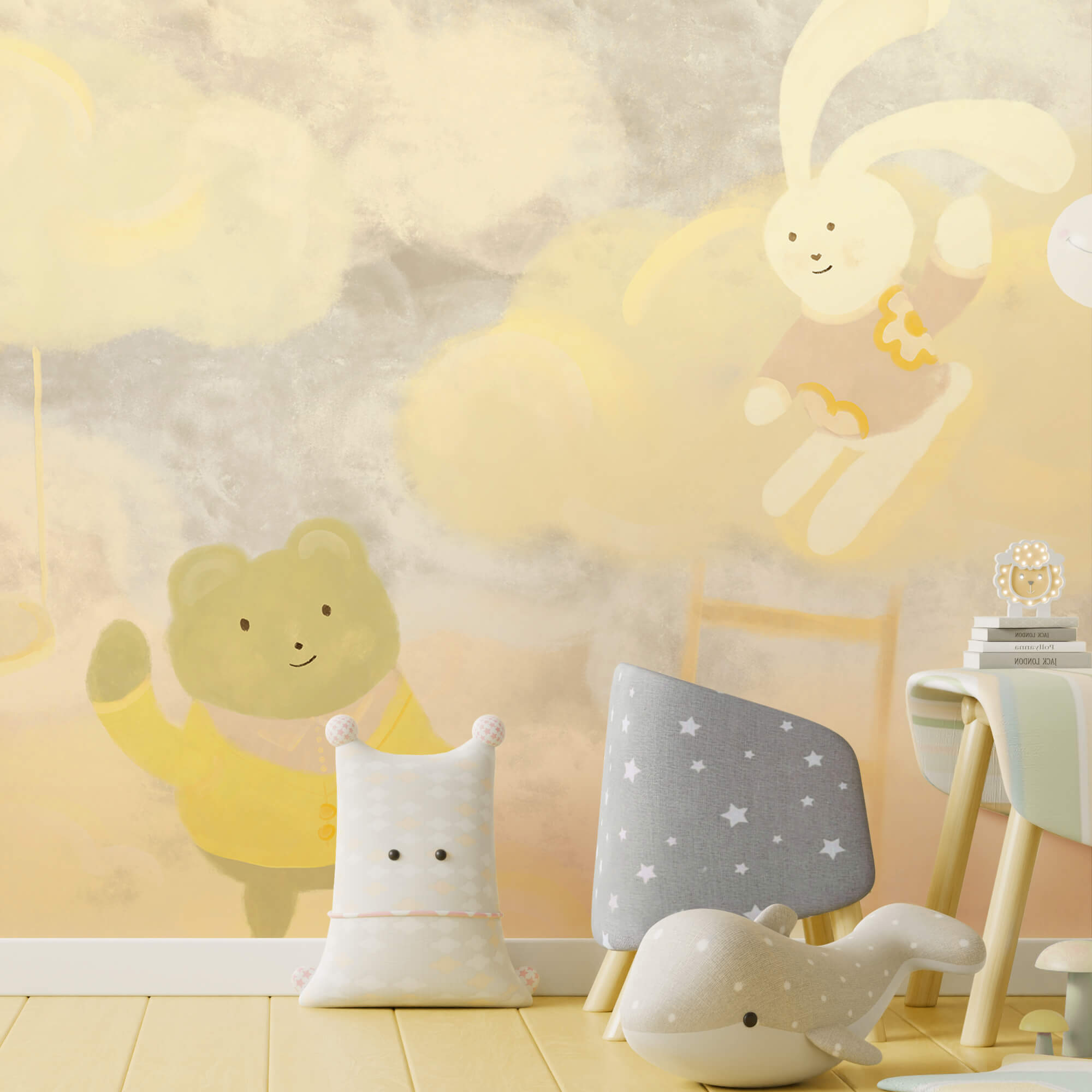 Rajzfilm medve és nyuszi a felhőkben